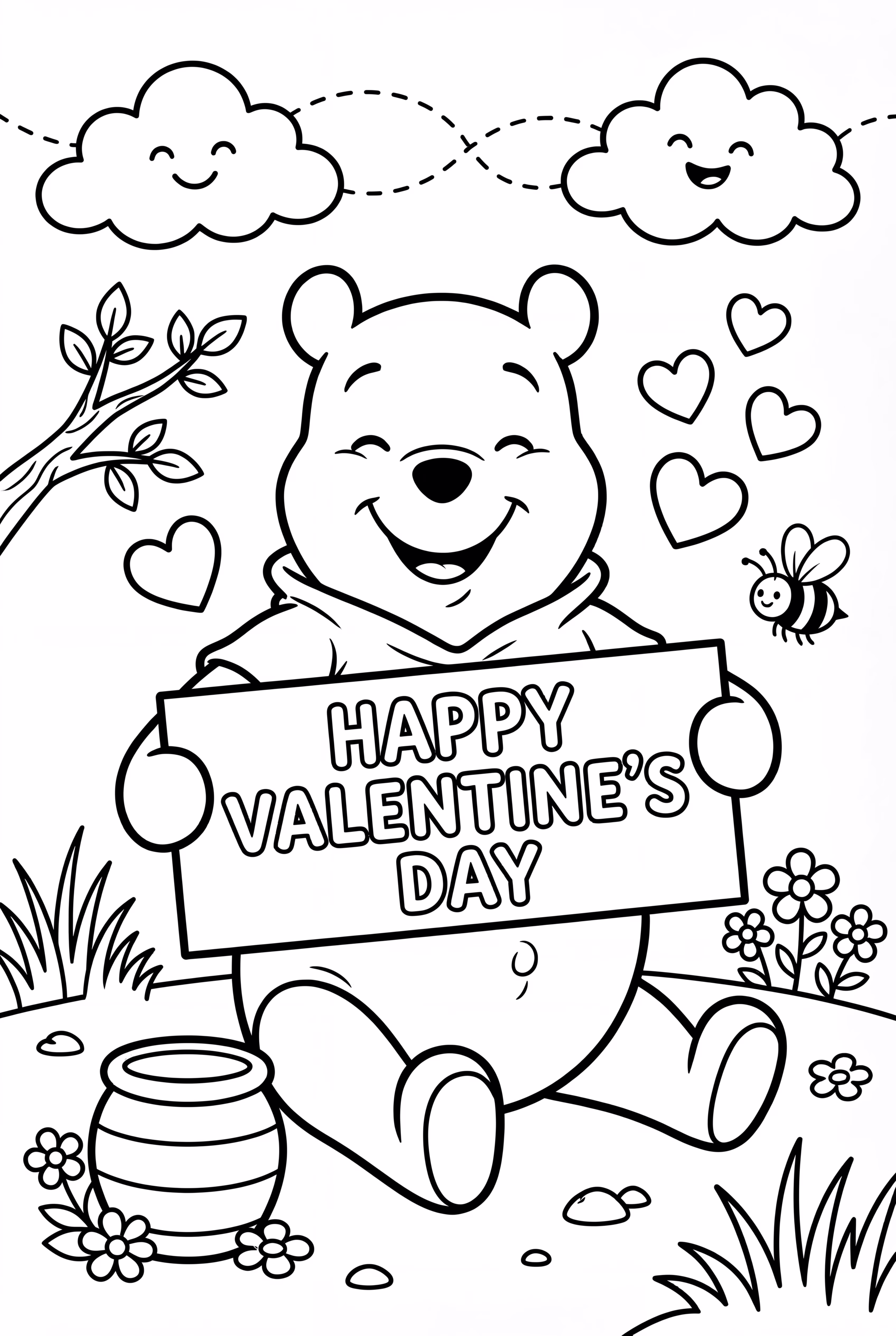 Winnie l'Ourson tenant un panneau Joyeuse Saint-Valentin