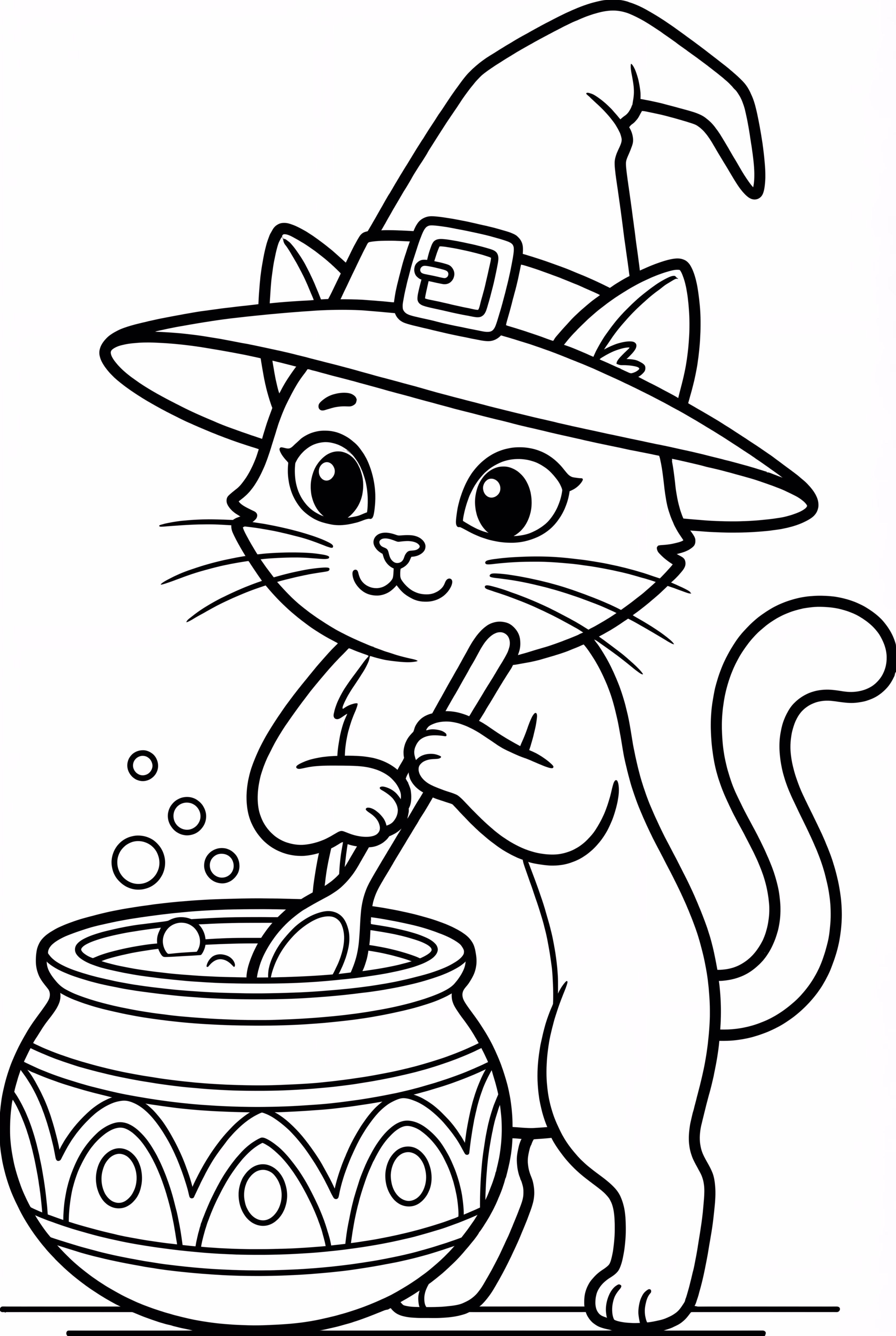 Hexenkatze, die einen Kessel rührt