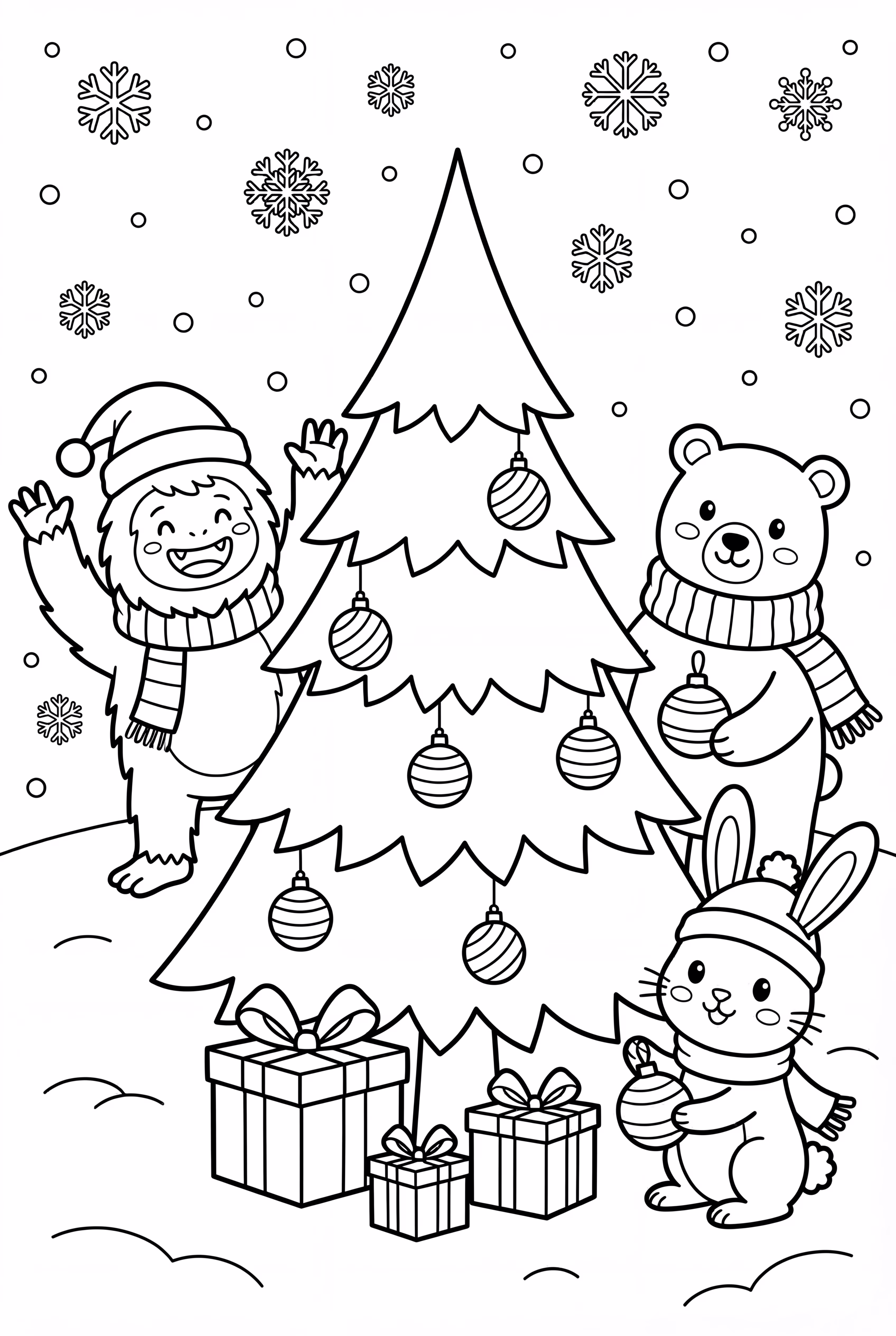 Yeti And Friends Decorating A Tree