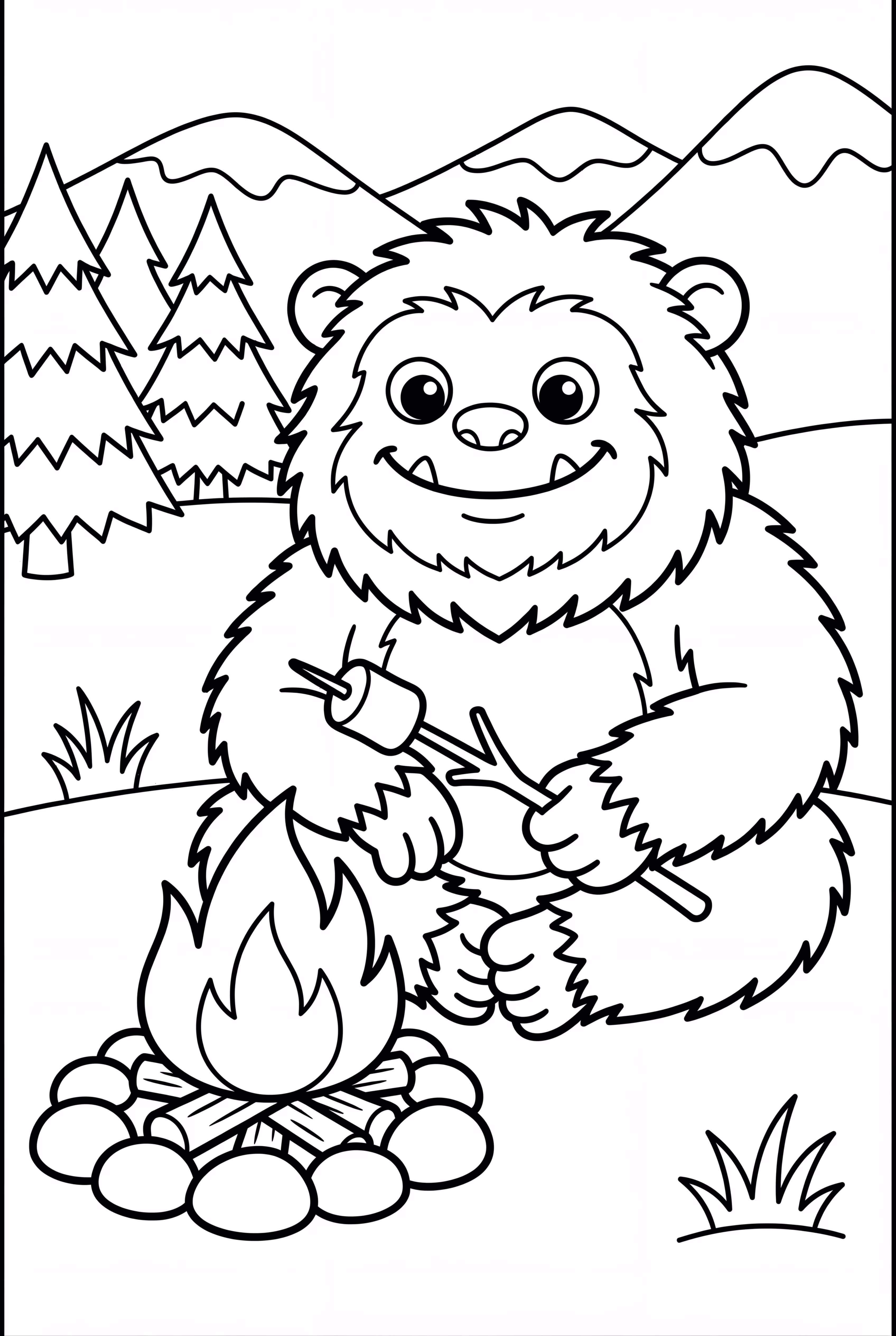 Yéti faisant griller des guimauves près du feu