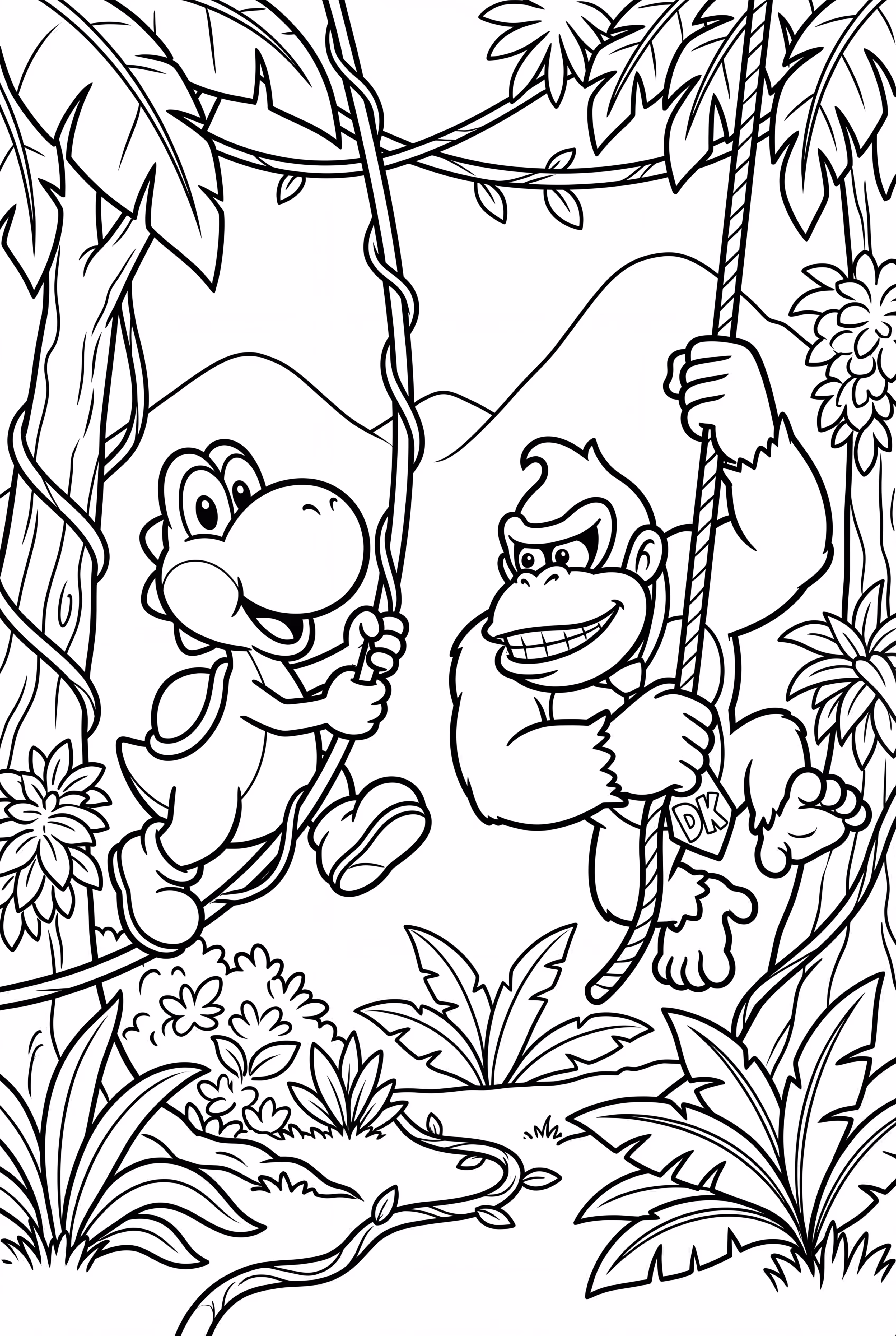 Yoshi and Donkey Kong Swinging on Ropes
