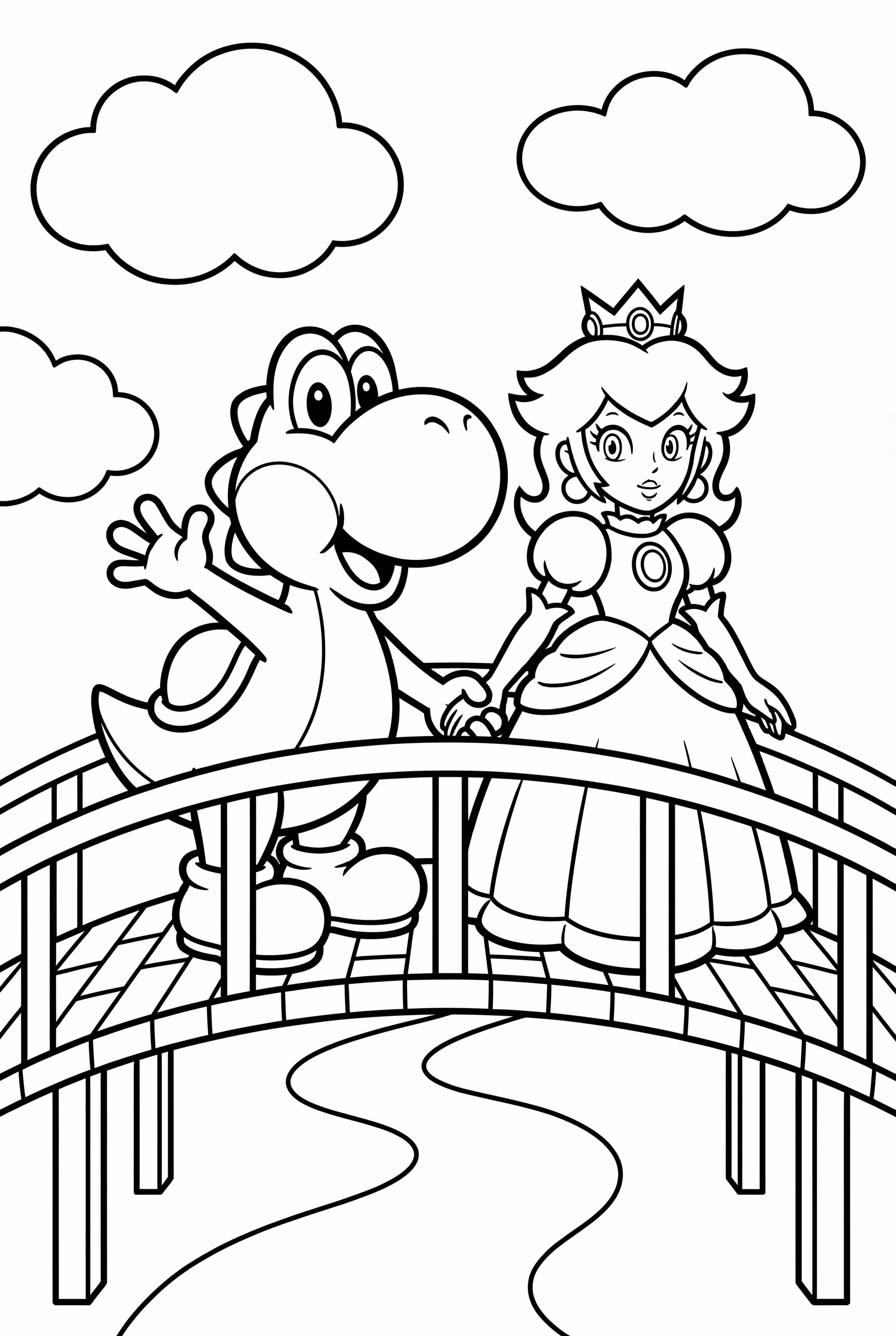 Yoshi and Princess Peach on a Bridge