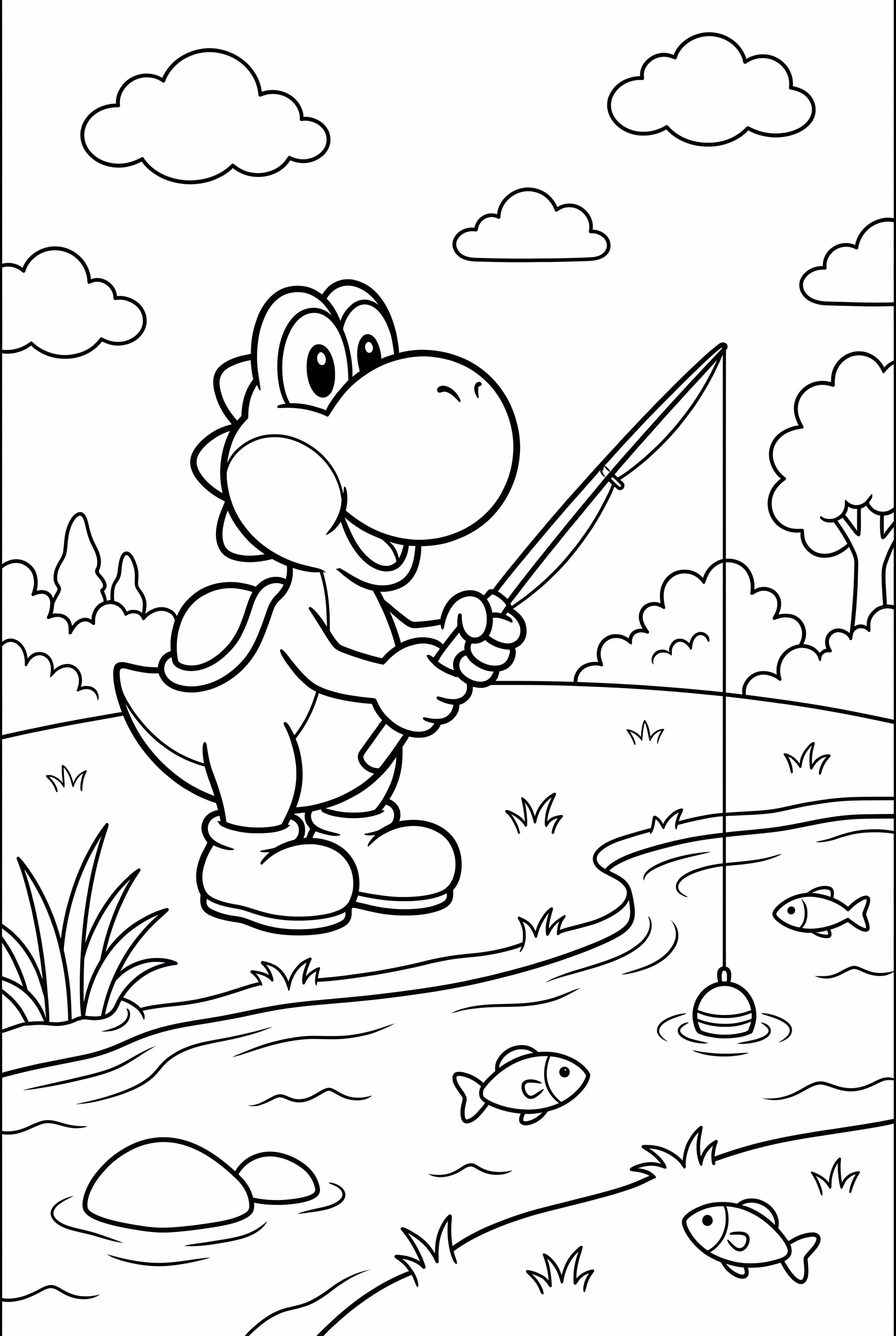 강旁에서 낚시 막대기를 들고 있는 요시