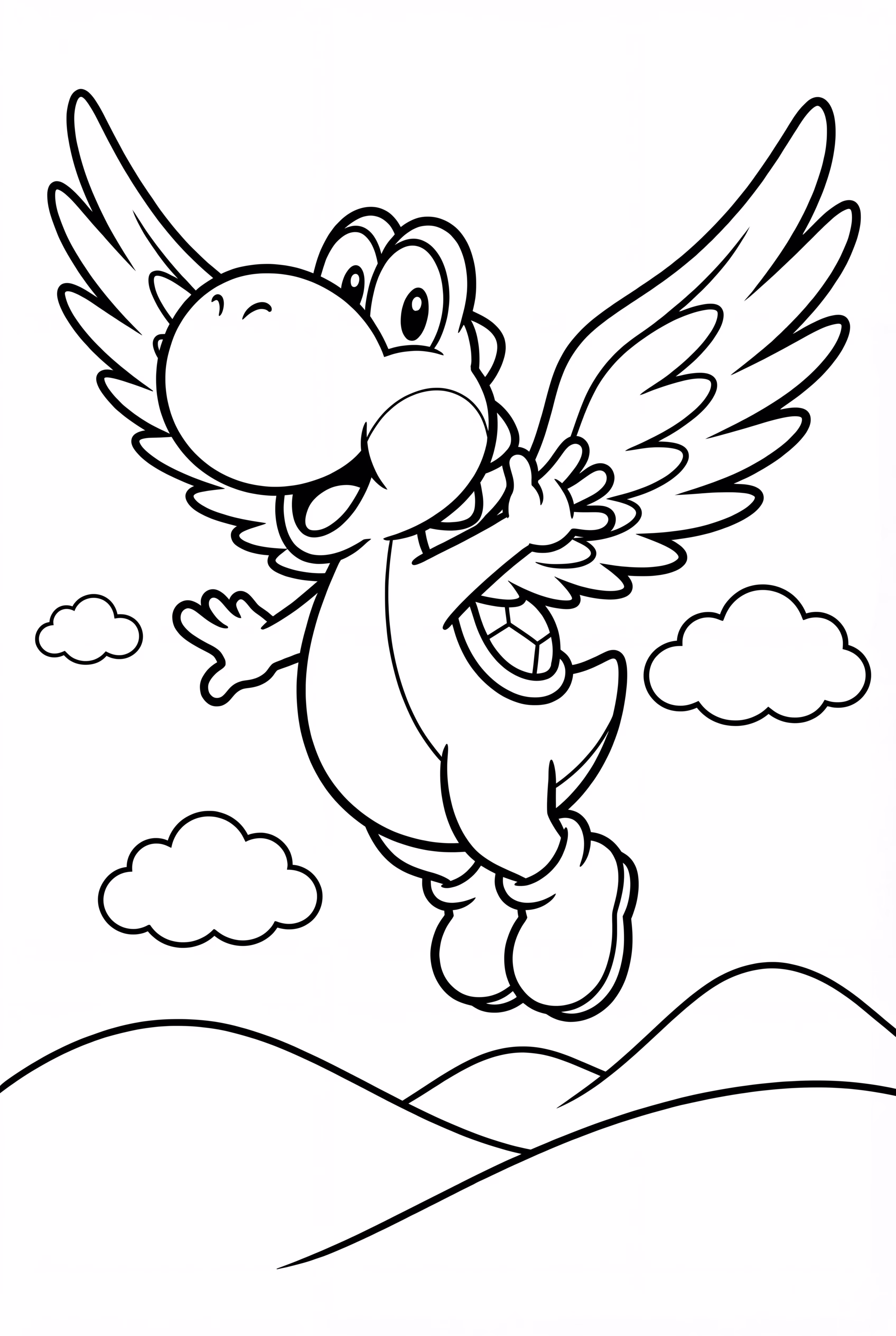 날개를 가진 요시가 언덕 위를 나는 모습