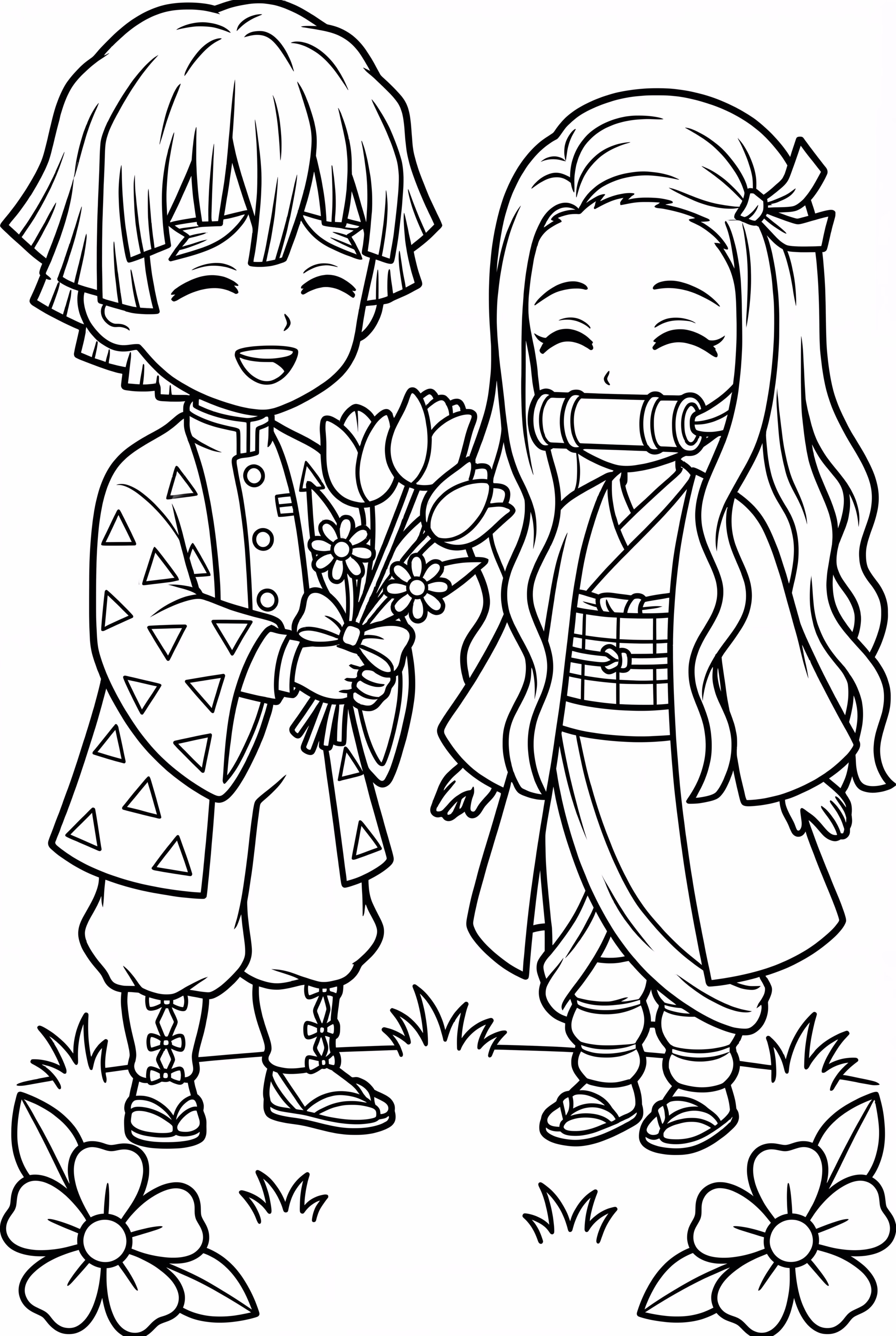 Zenitsu regalando flores a Nezuko